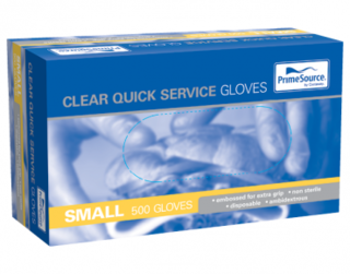 PrimeSource' Quick Service Gloves - Powder Free, Clear SMALL - Castaway