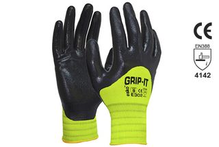 GRIP-IT Black nitrile 3/4 dip coating with Hi-vis nylon liner, Size 8 - Esko